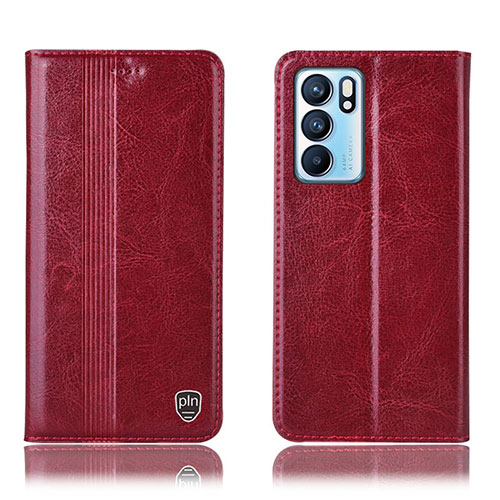 Leather Case Stands Flip Cover Holder H09P for Oppo Reno6 5G Red