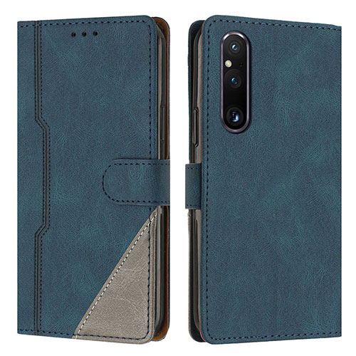 Leather Case Stands Flip Cover Holder H09X for Sony Xperia 1 V Blue