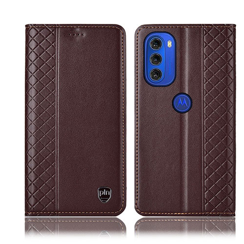 Leather Case Stands Flip Cover Holder H10P for Motorola Moto G51 5G Brown