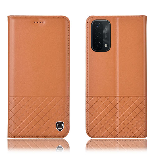 Leather Case Stands Flip Cover Holder H11P for Oppo A74 5G Orange