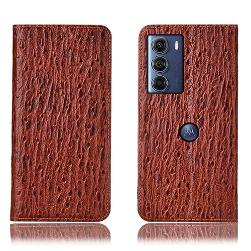 Leather Case Stands Flip Cover Holder H15P for Motorola Moto G200 5G Brown