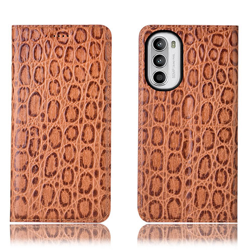 Leather Case Stands Flip Cover Holder H16P for Motorola Moto Edge (2022) 5G Light Brown