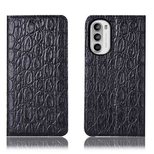 Leather Case Stands Flip Cover Holder H16P for Motorola MOTO G52 Black