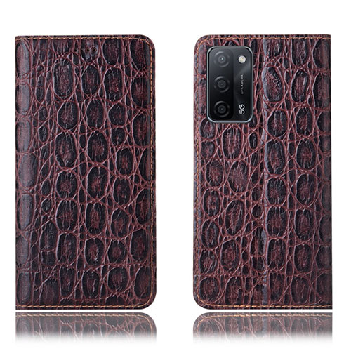 Leather Case Stands Flip Cover Holder H16P for Oppo A55 5G Brown