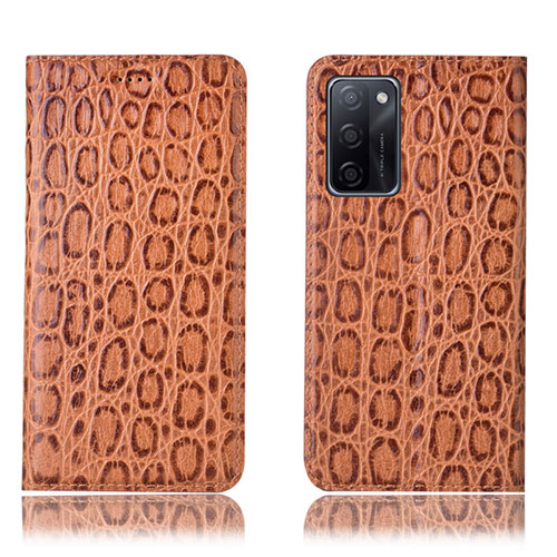 Leather Case Stands Flip Cover Holder H16P for Oppo A55S 5G Light Brown