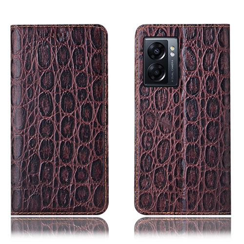 Leather Case Stands Flip Cover Holder H16P for Oppo A77 5G Brown