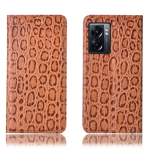 Leather Case Stands Flip Cover Holder H16P for Oppo K10 5G India Light Brown
