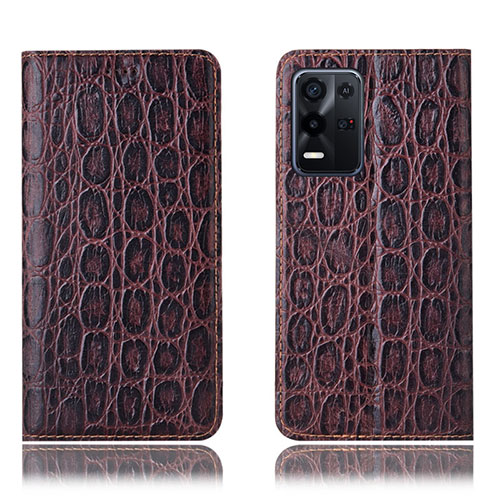 Leather Case Stands Flip Cover Holder H16P for Oppo K9X 5G Brown