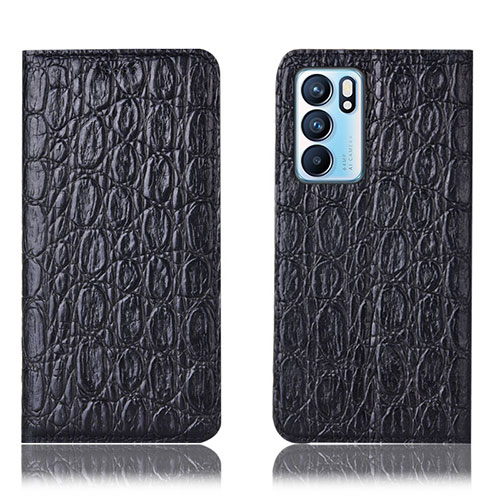 Leather Case Stands Flip Cover Holder H16P for Oppo Reno6 5G Black