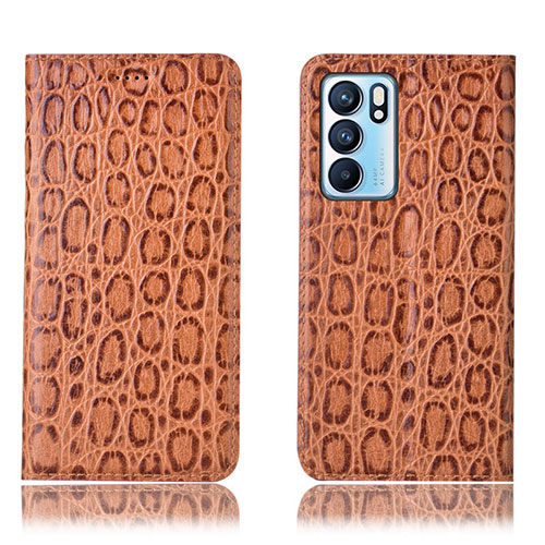 Leather Case Stands Flip Cover Holder H16P for Oppo Reno6 5G Light Brown