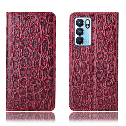 Leather Case Stands Flip Cover Holder H16P for Oppo Reno6 5G Red