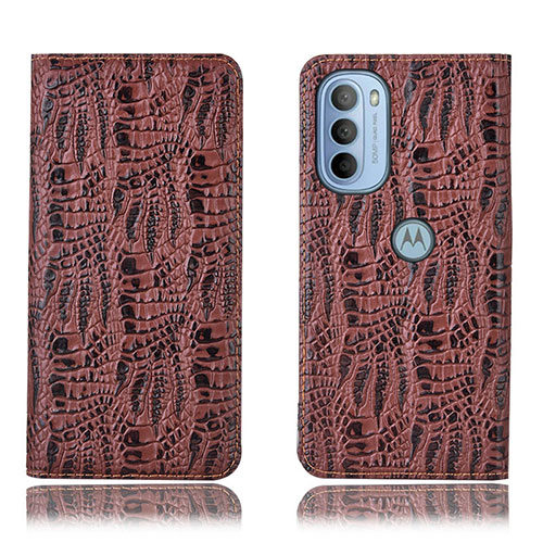 Leather Case Stands Flip Cover Holder H17P for Motorola Moto G31 Brown