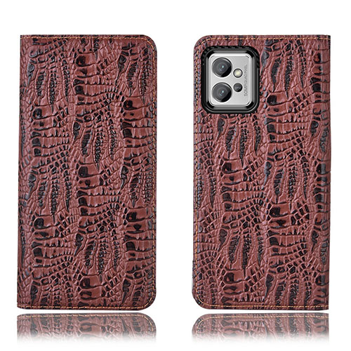 Leather Case Stands Flip Cover Holder H17P for Motorola Moto G32 Brown