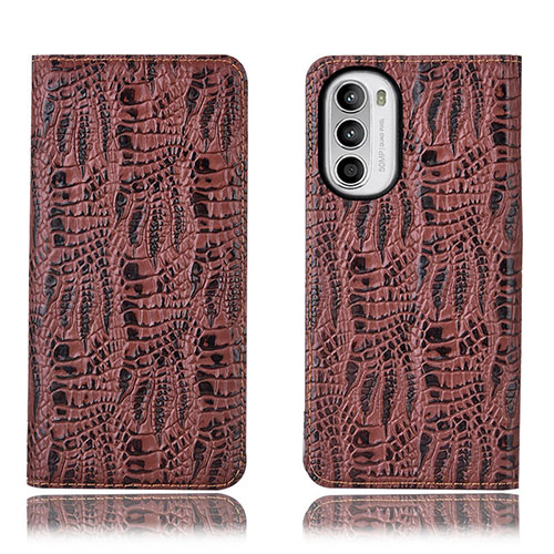 Leather Case Stands Flip Cover Holder H17P for Motorola MOTO G52 Brown