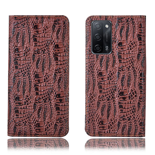 Leather Case Stands Flip Cover Holder H17P for Oppo A55 5G Brown