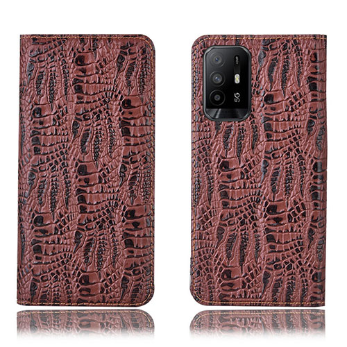 Leather Case Stands Flip Cover Holder H17P for Oppo A95 5G Brown