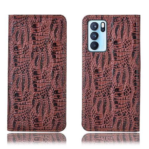 Leather Case Stands Flip Cover Holder H17P for Oppo Reno6 Pro 5G India Brown