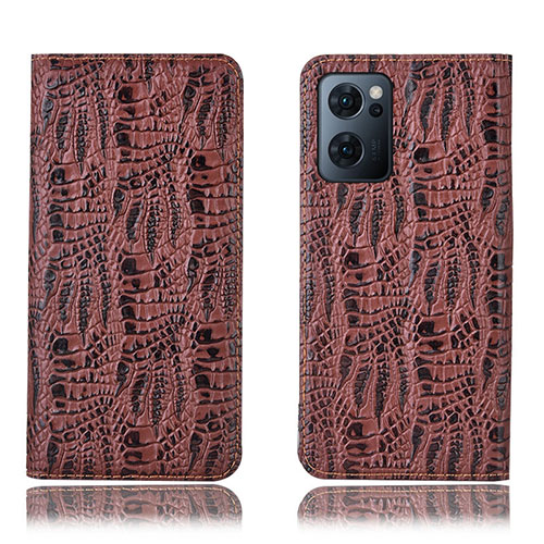 Leather Case Stands Flip Cover Holder H17P for Oppo Reno7 5G Brown