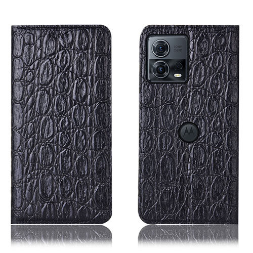 Leather Case Stands Flip Cover Holder H18P for Motorola Moto Edge 30 Fusion 5G Black