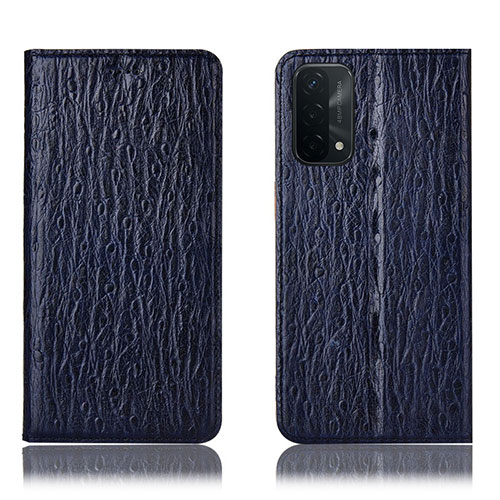 Leather Case Stands Flip Cover Holder H18P for Oppo A74 5G Blue