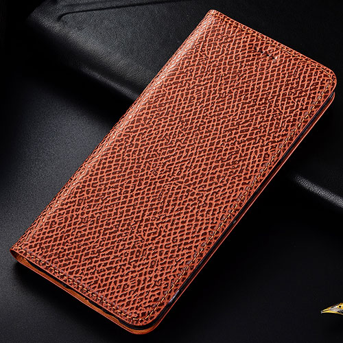 Leather Case Stands Flip Cover Holder H18P for Samsung Galaxy A12 Brown