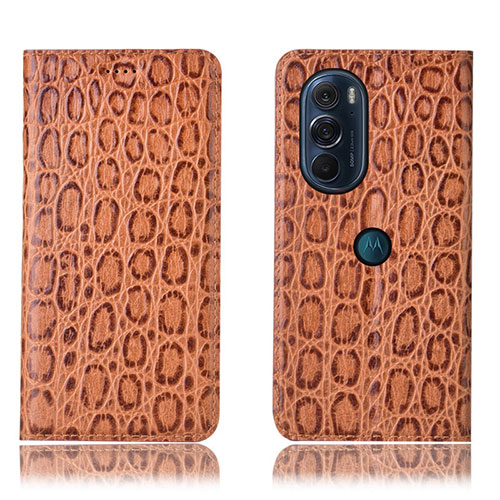 Leather Case Stands Flip Cover Holder H19P for Motorola Moto Edge 30 Pro 5G Light Brown