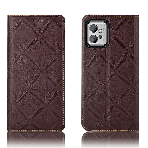 Leather Case Stands Flip Cover Holder H19P for Motorola Moto G32 Brown