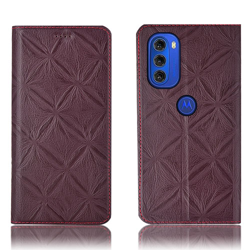 Leather Case Stands Flip Cover Holder H19P for Motorola Moto G51 5G Red Wine