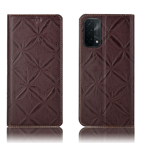 Leather Case Stands Flip Cover Holder H19P for Oppo A54 5G Brown