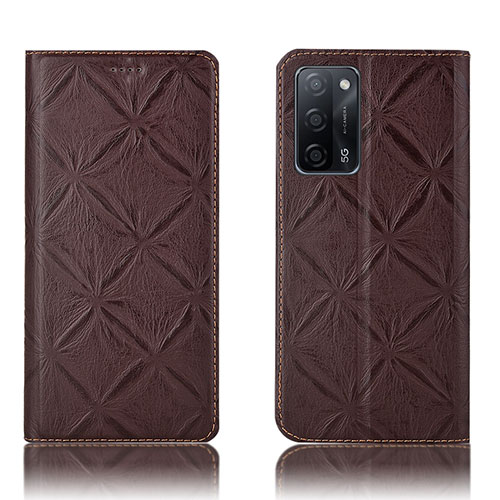 Leather Case Stands Flip Cover Holder H19P for Oppo A55 5G Brown
