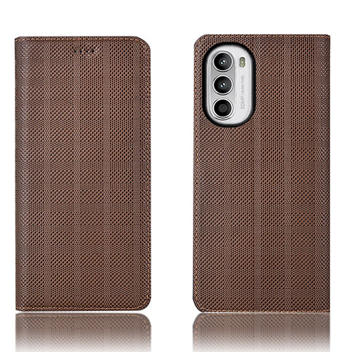 Leather Case Stands Flip Cover Holder H20P for Motorola MOTO G52 Brown