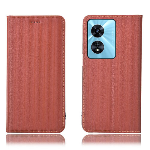 Leather Case Stands Flip Cover Holder H23P for Oppo A58 5G Brown