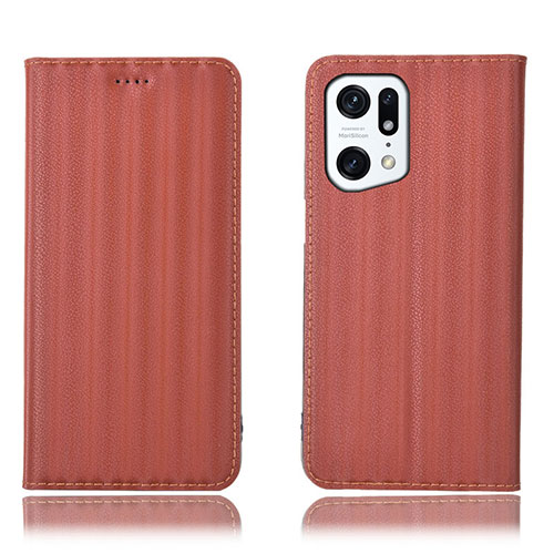 Leather Case Stands Flip Cover Holder H23P for Oppo Find X5 Pro 5G Brown