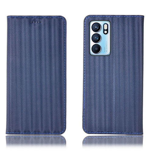 Leather Case Stands Flip Cover Holder H23P for Oppo Reno6 5G Blue