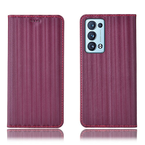 Leather Case Stands Flip Cover Holder H23P for Oppo Reno6 Pro 5G Red Wine