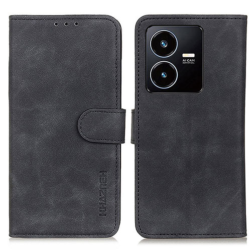 Leather Case Stands Flip Cover Holder K03Z for Vivo Y22 Black