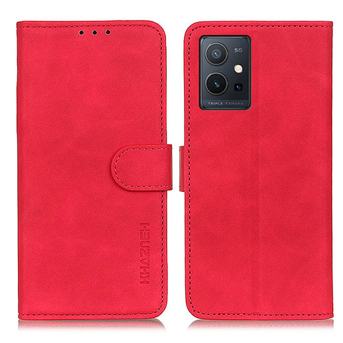 Leather Case Stands Flip Cover Holder K03Z for Vivo Y55s 5G Red
