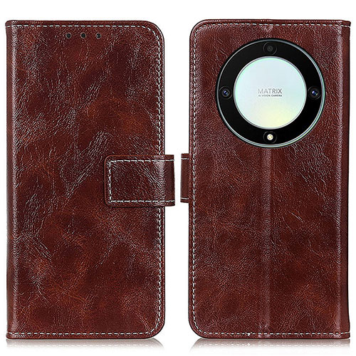 Leather Case Stands Flip Cover Holder K04Z for Huawei Honor X9a 5G Brown