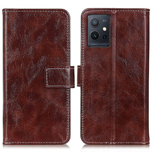 Leather Case Stands Flip Cover Holder K04Z for Vivo Y33e 5G Brown