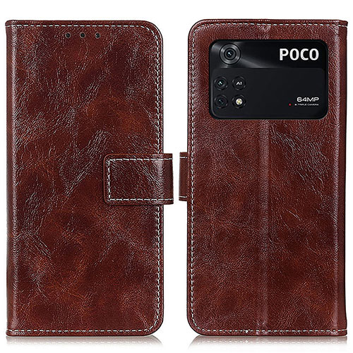 Leather Case Stands Flip Cover Holder K04Z for Xiaomi Poco M4 Pro 4G Brown