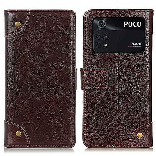 Leather Case Stands Flip Cover Holder K06Z for Xiaomi Poco M4 Pro 4G Brown