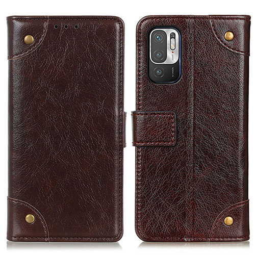 Leather Case Stands Flip Cover Holder K06Z for Xiaomi Redmi Note 10T 5G Brown