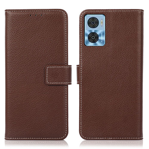 Leather Case Stands Flip Cover Holder K08Z for Motorola Moto E22 Brown