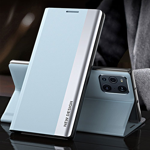 Leather Case Stands Flip Cover Holder L01 for Oppo Find X3 5G Mint Blue