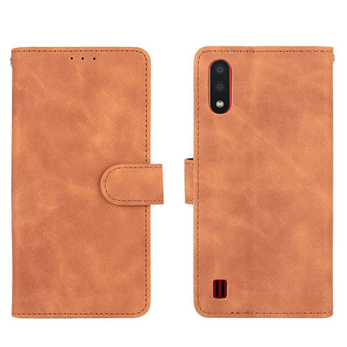 Leather Case Stands Flip Cover Holder L01Z for Samsung Galaxy A01 SM-A015 Brown