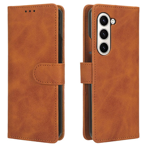 Leather Case Stands Flip Cover Holder L01Z for Samsung Galaxy Z Fold5 5G Brown