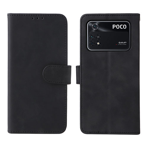 Leather Case Stands Flip Cover Holder L01Z for Xiaomi Poco M4 Pro 4G Black