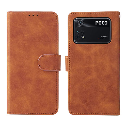 Leather Case Stands Flip Cover Holder L01Z for Xiaomi Poco M4 Pro 4G Brown