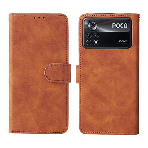 Leather Case Stands Flip Cover Holder L01Z for Xiaomi Poco X4 Pro 5G Brown