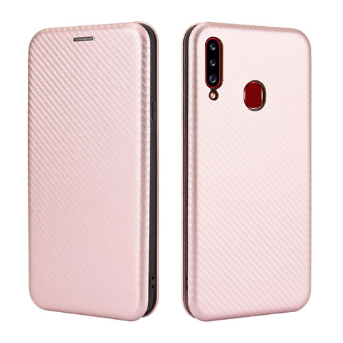 Leather Case Stands Flip Cover Holder L02Z for Samsung Galaxy A20s Rose Gold